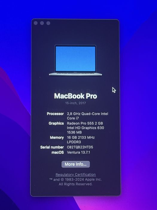 Macbook Pro 15 2017 i7 16 gb 256 Radeon Pro 555 2gb