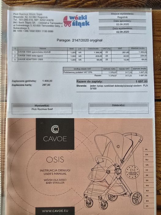 CAVOE – wózek spacerowy, dwustronny + torba + dodatkowe większe koła | stan bardzo dobry