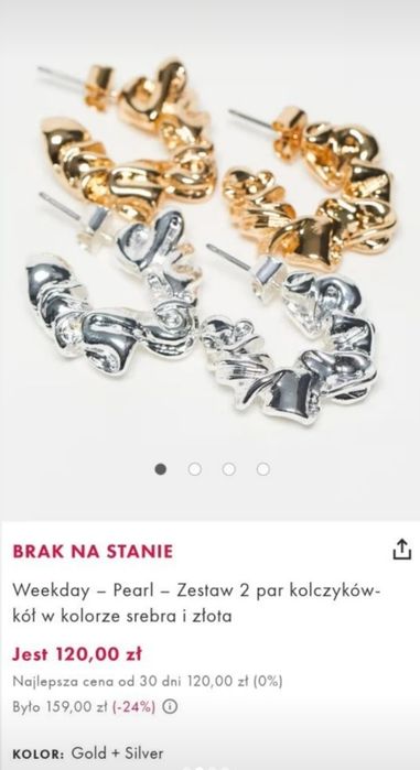 Nowe / kolczyki / Weekday / new / silver / gold / komplet / zestaw /