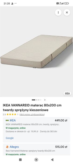 Materac 80x200cm  IKEA VANNAREID twardy sprężyny kieszeniowe