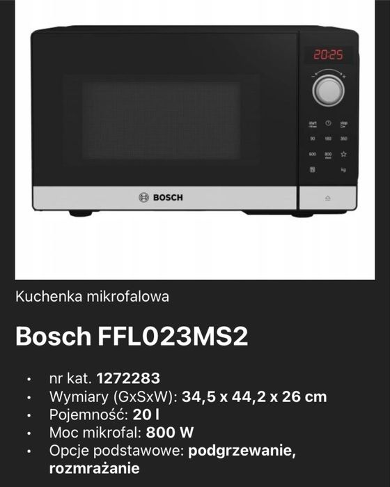 Kuchenka mikrofalowa Bosch FFL023MS2 20L 800W Czarno-srebrny