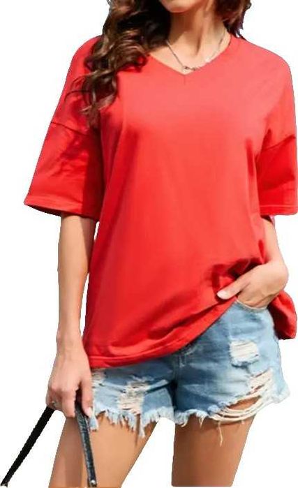 Heekpek T-shirt damski oversize V-neck bawełna S czerwony