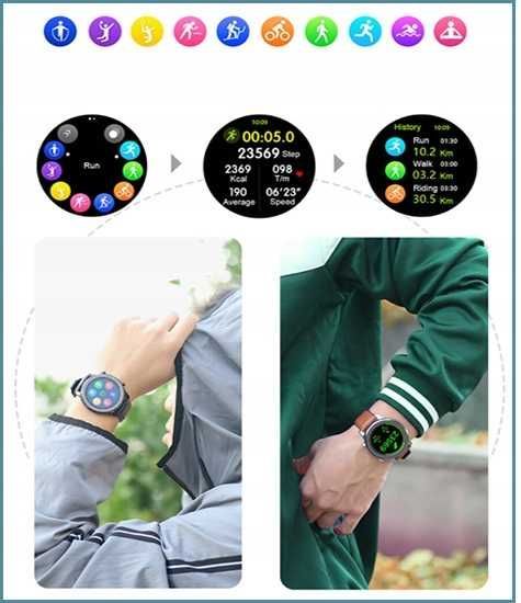 Stylowy Smartwatch L11 Srebrny Pasek Skóra Ekologiczna-Guma EKG