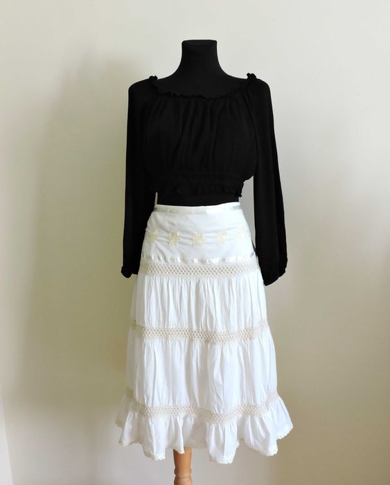 Spódnica midi bawełna haft koronka vintage retro beżowa kremowa falbany cottagecore boho