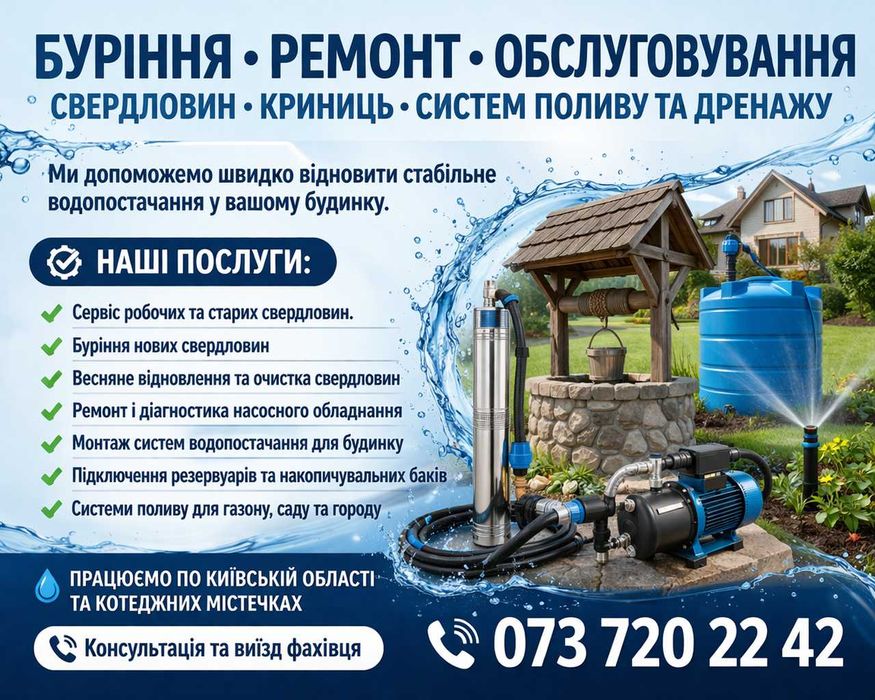 Буріння свердловин, Бурение скважин, чистка  ремонт насосів, фільтрів, реле тиску. Петропавлівська Борщагівка Киів та обл