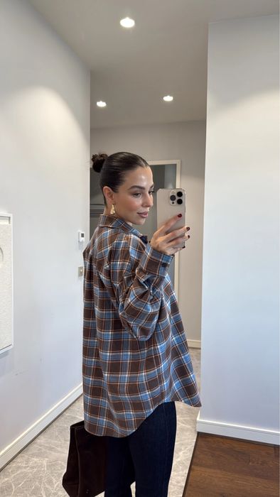 Трендова сорочка шоколад з синім в клітинку, картата сорочка коричнева