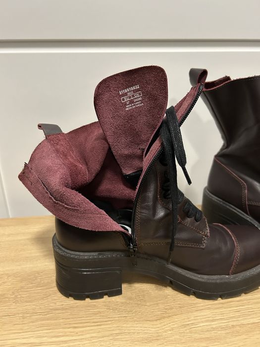 Zara sznurowane botki 37 bordo biker glany wiśniowe skóra obcas