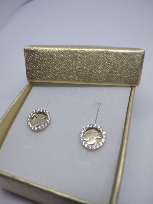 Złote kolczyki wkrętki z cyrkoniami i misiem złoto 585    475