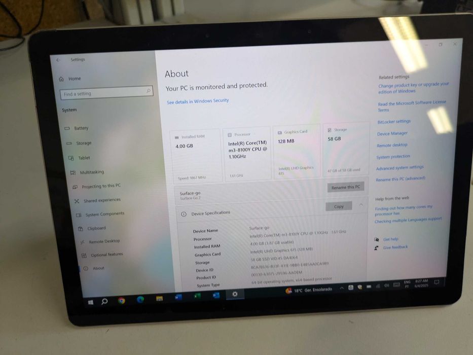 Tablet Computador portatil Windows Microsoft Surface Go 2  m3-8100y