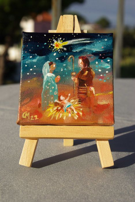 Presépio miniatura pintado a acrílico sobre tela com cavalete incluído