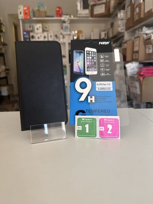 OPPO RENO 13 5G - Etui z klapką czarne + SZKŁO hartowane