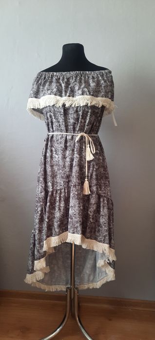 Sukienka hiszpanka asymetryczna midi maxi długa boho frędzle szara