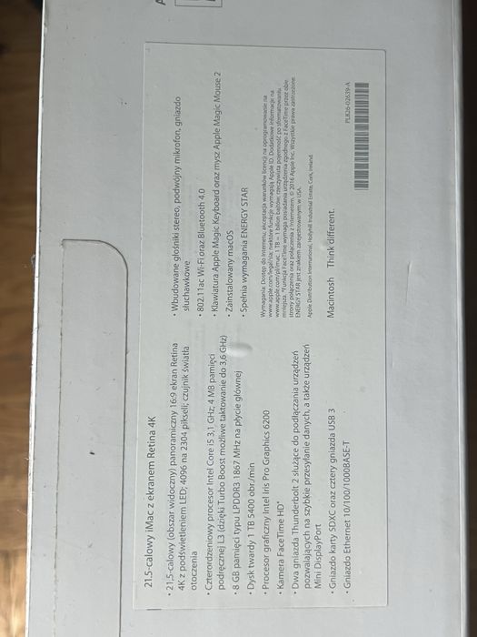 iMac 21.5" Retina 4K / i5 / 8GB / 1TB HDD / Magic Keyboard + Trackpad 2 / Stan BDB / Pudełko