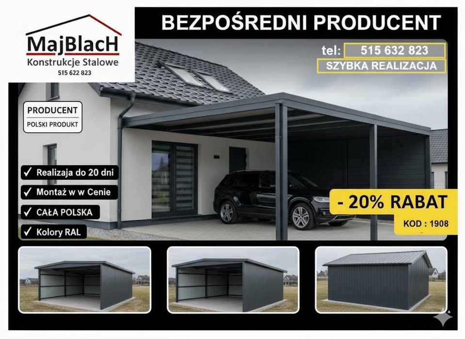 OCYNKOWANA Wiata Otwarta / Garaż Blaszany /HALA /WIATA– Maj-Blach