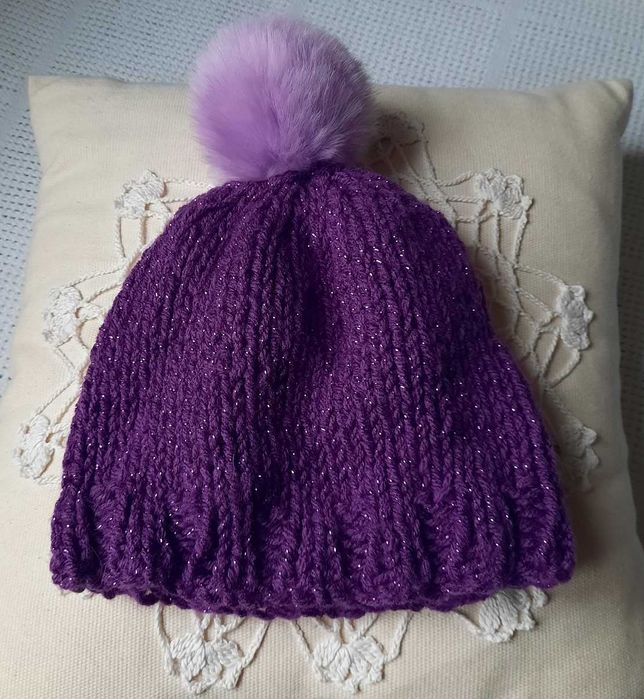 J.nowa czapka wełniana fioletowa liliowa pompon puszysty duża