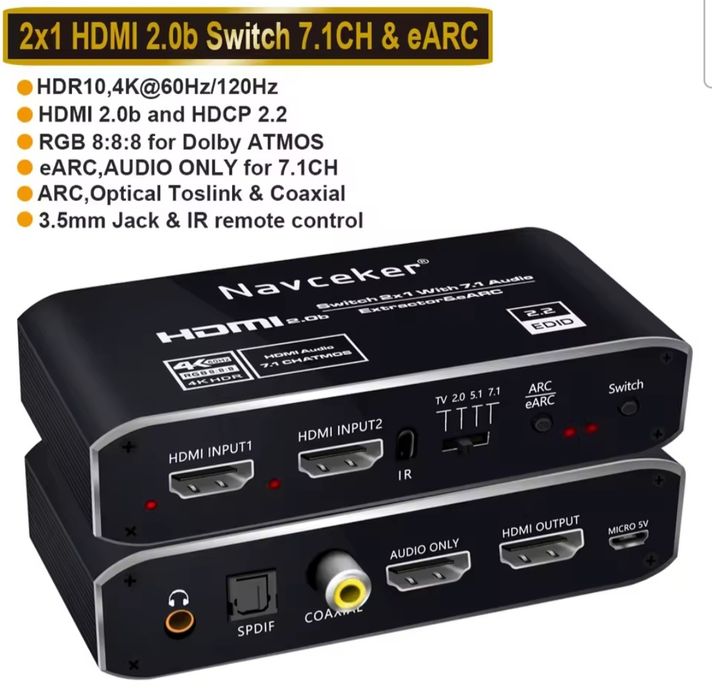 Ekstraktor Switch HDMI eARC Navceker ZY-AV2E 4K Audio Only Dolby Atmos 7.1 Toslink Pilot do Amplitunera Chromecast Smart TV NOWY