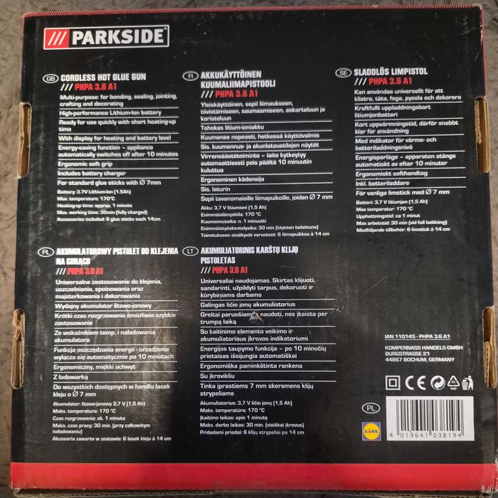 Parkside PHPA 3.6 A1 akumulatorowy pistolet do kleju | Li-Ion