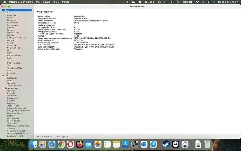 Apple MacBook PRO 13 A2251 i5-1038NG7 16GB 512GB SSD NVMe RETINA macOS