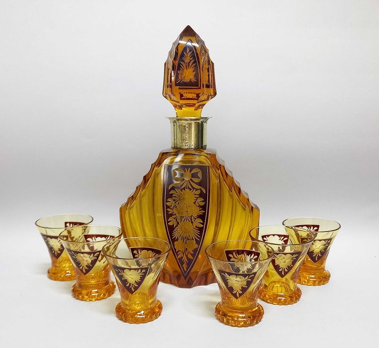 Zestaw karafka okuta srebrem i kieliszki, kryształ. 1936 rok