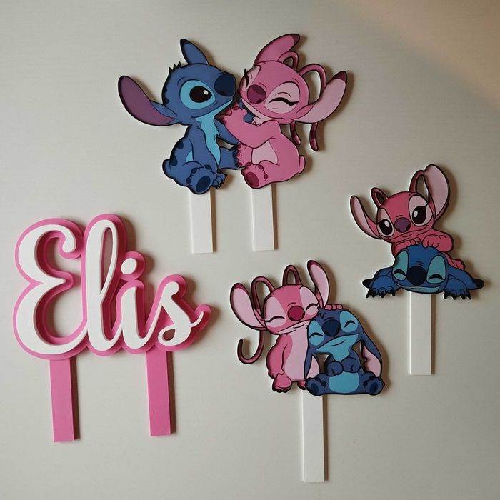 Topper de Bolo Stitch e Angel Personalizado