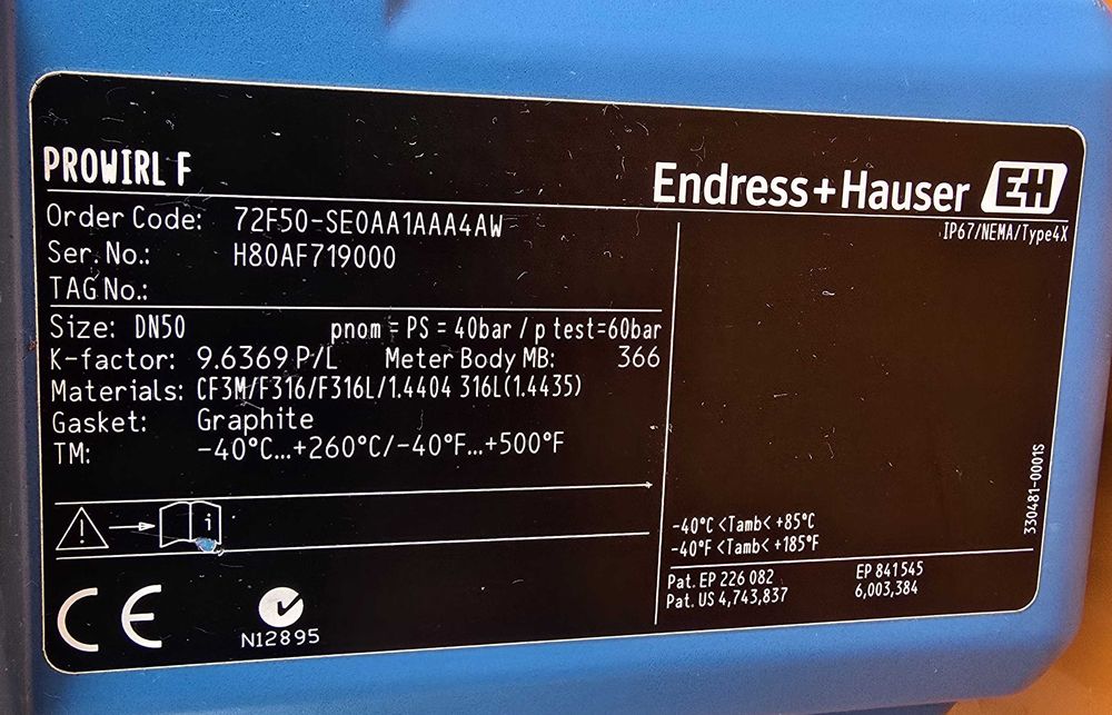 Przepływomierz Endress Hauser DN50 Prowirl 72 F Wirowy Pary Gazów