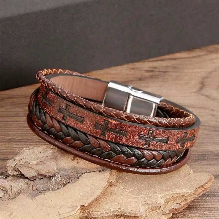 Браслет шкіряний багатошаровий "Хрест" Type D5 18-20-22 см Brown/Black