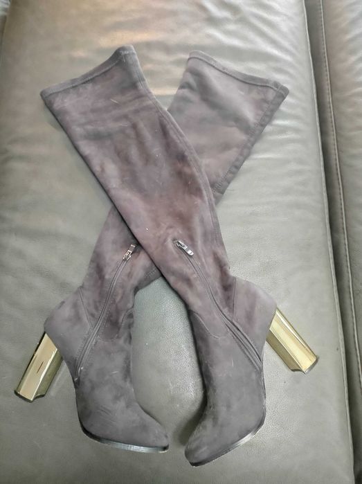 Maxi długie kozaki z zamszowej skóry popiel złoty obcas 38