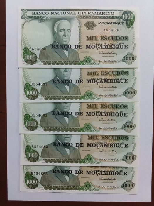 5 notas, Moçambique , 1000 Escudos, novas.