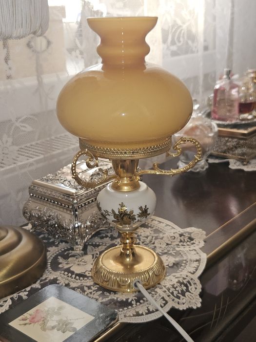 Lampa Angielska Gabinetowa w Stylu Vintage Retro Klasyczna ze Złoconym Ramieniem i Porcelaną Kwiaty