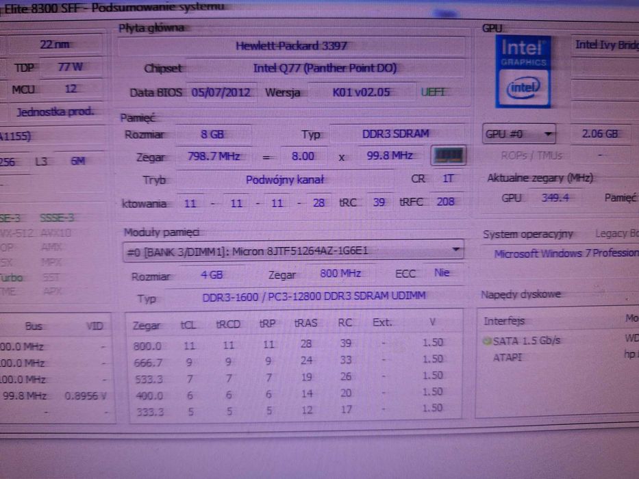 Komputer HP Compaq Elite 8300 SFF I5 3gen 8GB RAM 80GB HDD WIN7 PRO