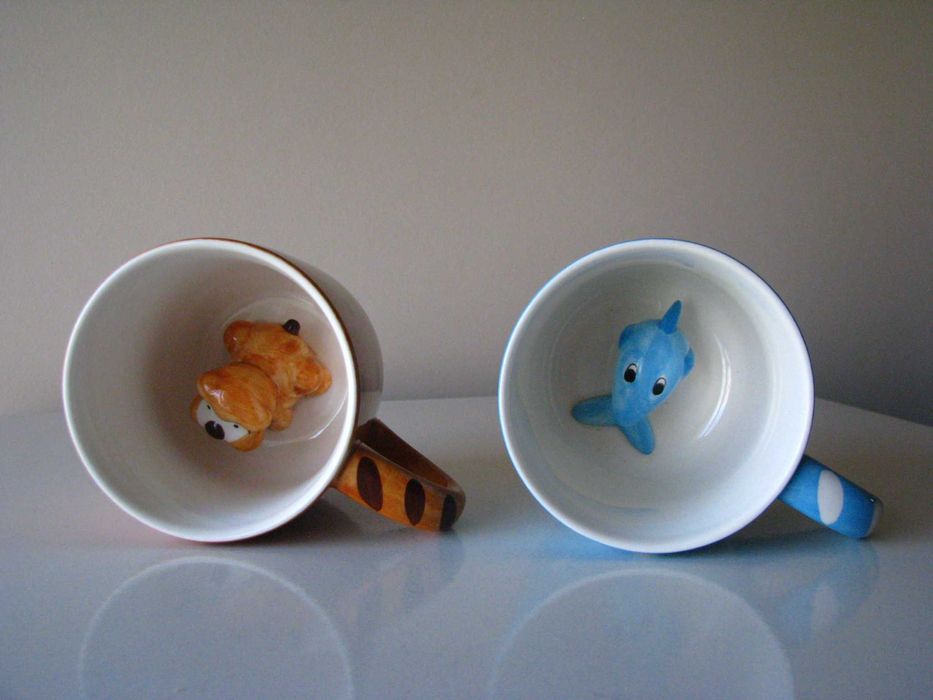 Urocze kubki w kropki z niespodzianką - figurką delfina i pieska w środku 3D