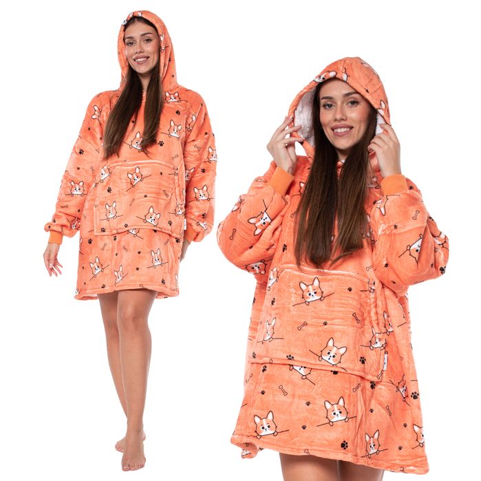 Bluza Koc Kocobluza 2w1 Oversize Kaptur Gruba Sherpa Pomarańczowa Psy