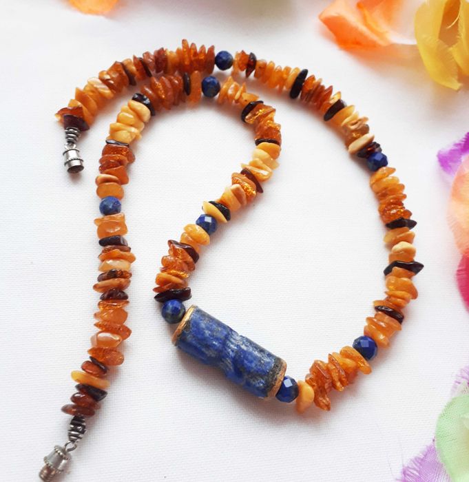 Naszyjnik z bursztynami i lapis lazuli, handmade