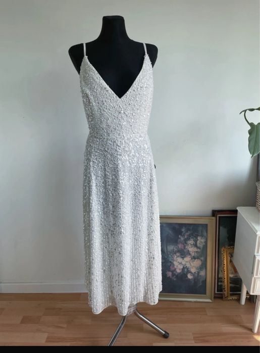 Biała cekinowa sukienka midaxi midi 40 L bridal ślubna