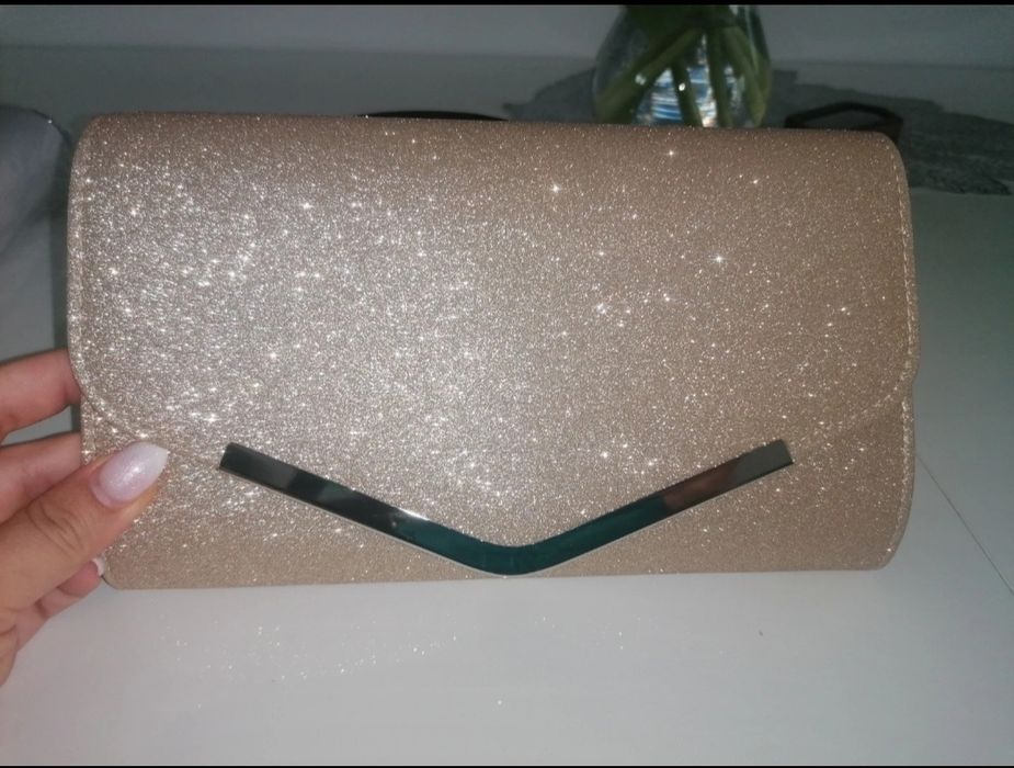 Złota Elegancka torebka wizytowa, błyszcząca kopertówka