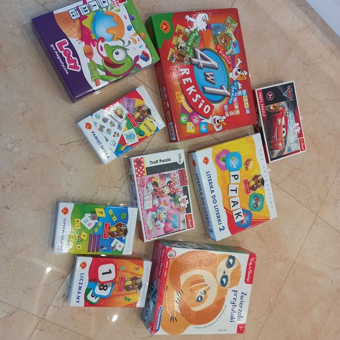 Zestaw gry planszowe, puzzle, zwierzaki przytulaki
