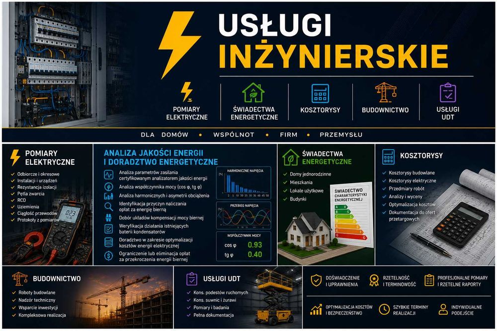 Pomiary elektryczne • Analiza jakości energii • Kompensacja mocy biernej • Świadectwa energetyczne • Kosztorysy • Budownictwo • UDT