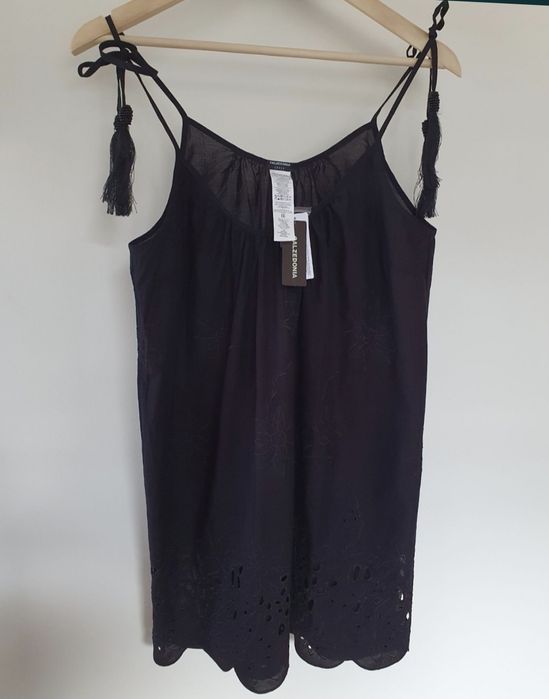 Sukienka plażowa Calzedonia s/m letnia czarna bawełna chwosty koraliki