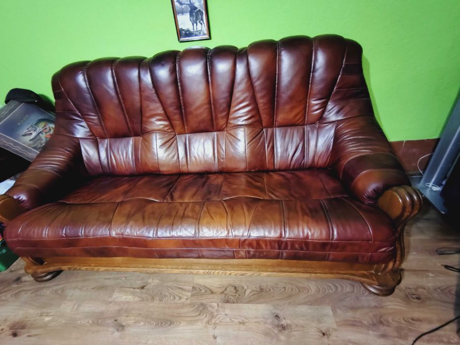Komplet Dębowo skórzany brązowy drewno skóra sofa wersalka tapczan dąb