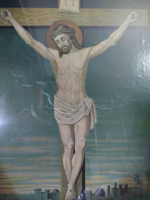 Stary duży obraz Jezus na krzyżu oleodruk OS1009