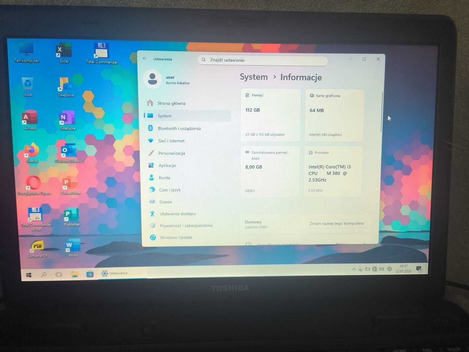 Laptop Toshiba Satellite 15,6' Intel Core i3 8GB RAM SSD Windows 11