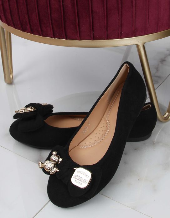 Czarne baleriny balerinki ze złotym misiem i kokardką 37 nowe