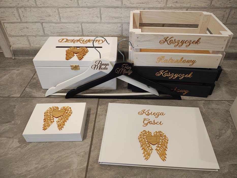 pudełko na obrączki skrzynka na koperty wieszaki koszyki ratunkowe księga gości ślub wesele złote dodatki