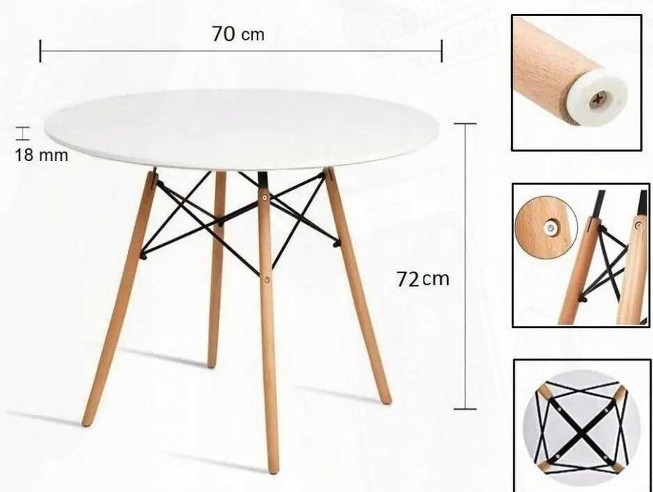 Стіл кухонний білий круглий 70 см обідній/Столик для кухні на дер ніжк