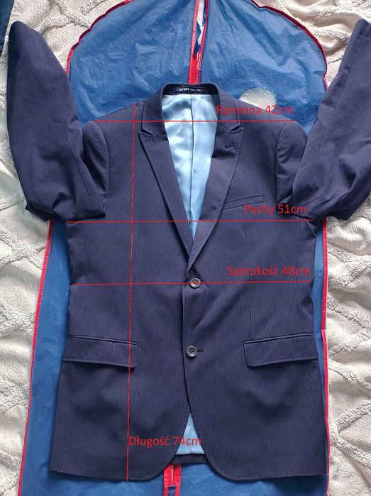 Granatowy elegancki garnitur slim fit w delikatny prążek 40% wełna 182/96 S PAWO TAPAS