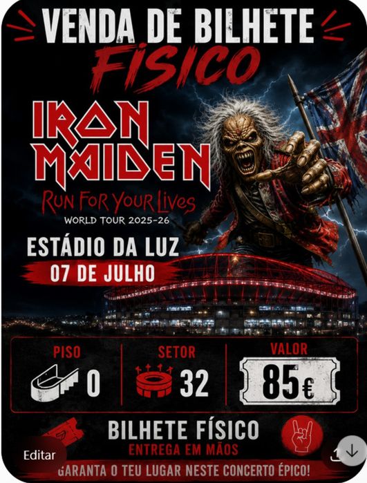 Bilhete físico Iron Maiden
