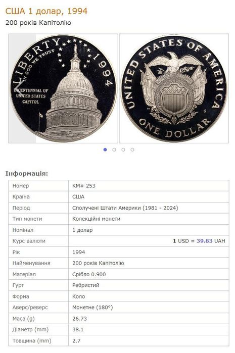 Срібний колекційний $ 1994 р. 200 років Капітолію! Слаб. MS69