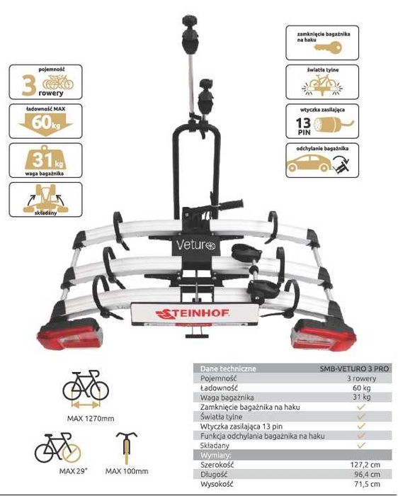 FULL OPCJA Składana Platforma Bagażnik 3 rowery Veturo-3 PRO STEINHOF