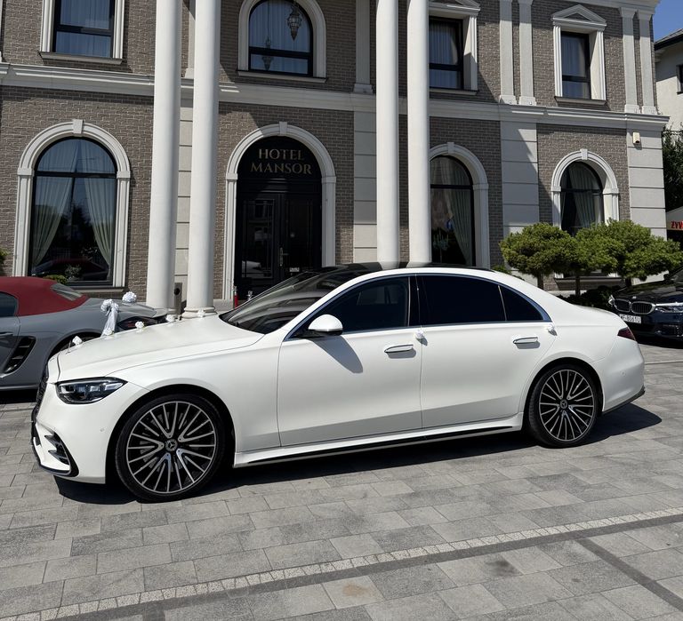 Biały Mercedes klasy S w223 v8 long do ślubu wesela, opcja prowadzenia
