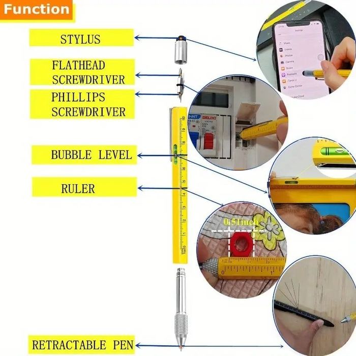 Długopis Multitool 6w1 miarka śrubokręt poziomica - czarny